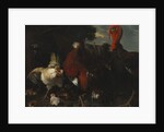 A Hen, Rooster and Turkey in a Farmyard by Melchior de (attr. to) Hondecoeter