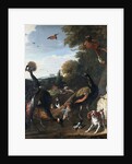 Peacocks and other birds, with a sheep and dog in a landscape by Melchior de Hondecoeter