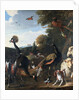 Peacocks and other birds, with a sheep and dog in a landscape by Melchior de Hondecoeter