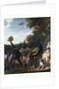 Peacocks and other birds, with a sheep and dog in a landscape by Melchior de Hondecoeter