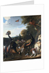 Peacocks and other birds, with a sheep and dog in a landscape by Melchior de Hondecoeter