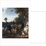 Peacocks and other birds, with a sheep and dog in a landscape by Melchior de Hondecoeter