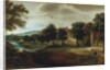 A wooded river landscape with village buildings and Abraham and the Three Angels by Adriaen van Stalbemt
