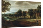 A wooded river landscape with village buildings and Abraham and the Three Angels by Adriaen van Stalbemt