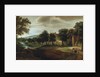 A wooded river landscape with village buildings and Abraham and the Three Angels by Adriaen van Stalbemt