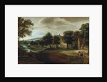 A wooded river landscape with village buildings and Abraham and the Three Angels by Adriaen van Stalbemt