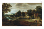 A wooded river landscape with village buildings and Abraham and the Three Angels by Adriaen van Stalbemt