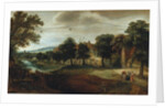 A wooded river landscape with village buildings and Abraham and the Three Angels by Adriaen van Stalbemt