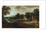 A wooded river landscape with village buildings and Abraham and the Three Angels by Adriaen van Stalbemt