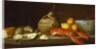 Bread, oysters, a Chianti flask, a lobster, lemons, oranges and glasses in a porcelain bowl on a ledge by Jakob Bogdani or Bogdany