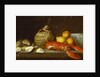 Bread, oysters, a Chianti flask, a lobster, lemons, oranges and glasses in a porcelain bowl on a ledge by Jakob Bogdani or Bogdany