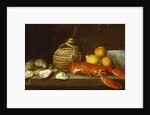 Bread, oysters, a Chianti flask, a lobster, lemons, oranges and glasses in a porcelain bowl on a ledge by Jakob Bogdani or Bogdany