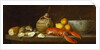 Bread, oysters, a Chianti flask, a lobster, lemons, oranges and glasses in a porcelain bowl on a ledge by Jakob Bogdani or Bogdany