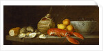 Bread, oysters, a Chianti flask, a lobster, lemons, oranges and glasses in a porcelain bowl on a ledge by Jakob Bogdani or Bogdany