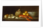 Bread, oysters, a Chianti flask, a lobster, lemons, oranges and glasses in a porcelain bowl on a ledge by Jakob Bogdani or Bogdany