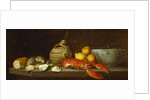 Bread, oysters, a Chianti flask, a lobster, lemons, oranges and glasses in a porcelain bowl on a ledge by Jakob Bogdani or Bogdany
