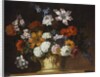 Tulips, snowballs and other flowers in a sculpted urn on a ledge by Pieter Casteels