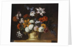 Tulips, snowballs and other flowers in a sculpted urn on a ledge by Pieter Casteels