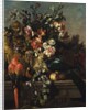 Carnations and other flowers with parrots on a pedestal by Pieter Casteels