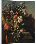 Carnations and other flowers with parrots on a pedestal by Pieter Casteels
