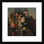 Carnations and other flowers with parrots on a pedestal by Pieter Casteels