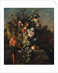 Carnations and other flowers with parrots on a pedestal by Pieter Casteels