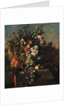 Carnations and other flowers with parrots on a pedestal by Pieter Casteels