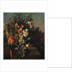 Carnations and other flowers with parrots on a pedestal by Pieter Casteels