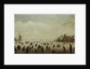 Winter landscape with numerous skaters, golf players and peasants on frozen waterways by Antoni Verstralen