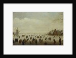 Winter landscape with numerous skaters, golf players and peasants on frozen waterways by Antoni Verstralen