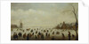 Winter landscape with numerous skaters, golf players and peasants on frozen waterways by Antoni Verstralen