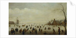 Winter landscape with numerous skaters, golf players and peasants on frozen waterways by Antoni Verstralen