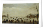 Winter landscape with numerous skaters, golf players and peasants on frozen waterways by Antoni Verstralen