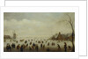 Winter landscape with numerous skaters, golf players and peasants on frozen waterways by Antoni Verstralen