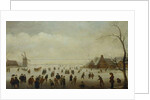 Winter landscape with numerous skaters, golf players and peasants on frozen waterways by Antoni Verstralen