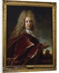 Portrait of a gentleman, wearing a long wig, lace jabot and burgundy cloak by Nicolas de Largilliere