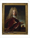 Portrait of a gentleman, wearing a long wig, lace jabot and burgundy cloak by Nicolas de Largilliere