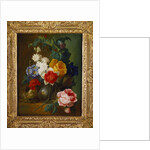 Roses, poppies, morning glory and other flowers in a vase with a bird's nest on a ledge by Jan van Os