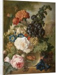 Roses, chrysanthemums, peonies and other flowers in a glass vase with goldfish on a stone ledge by Jan van Os