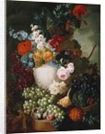 Roses, poppies and other flowers in a sculpted vase with fruit, a mouse and a bird's nest on a stone ledge by Jan van Os