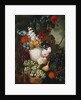 Roses, poppies and other flowers in a sculpted vase with fruit, a mouse and a bird's nest on a stone ledge by Jan van Os