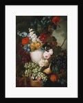 Roses, poppies and other flowers in a sculpted vase with fruit, a mouse and a bird's nest on a stone ledge by Jan van Os