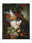 Roses, poppies and other flowers in a sculpted vase with fruit, a mouse and a bird's nest on a stone ledge by Jan van Os