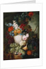 Roses, poppies and other flowers in a sculpted vase with fruit, a mouse and a bird's nest on a stone ledge by Jan van Os