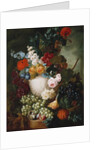 Roses, poppies and other flowers in a sculpted vase with fruit, a mouse and a bird's nest on a stone ledge by Jan van Os