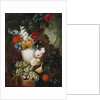 Roses, poppies and other flowers in a sculpted vase with fruit, a mouse and a bird's nest on a stone ledge by Jan van Os