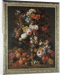 Roses, dahlias, convolvulus, a tulip and other flowers, in a sculpted urn, with grapes, plums and peaches nearby by Nicholaes van Verendael