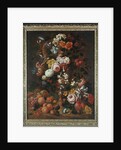 Roses, dahlias, convolvulus, a tulip and other flowers, in a sculpted urn, with grapes, plums and peaches nearby by Nicholaes van Verendael