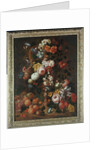 Roses, dahlias, convolvulus, a tulip and other flowers, in a sculpted urn, with grapes, plums and peaches nearby by Nicholaes van Verendael