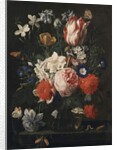 A rose, a tulip, morning glory and other flowers in a glass vase on a stone ledge, 1671 by Nicholaes van Verendael